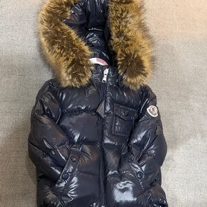 Navy Puffer Jacket with Fur Trim
